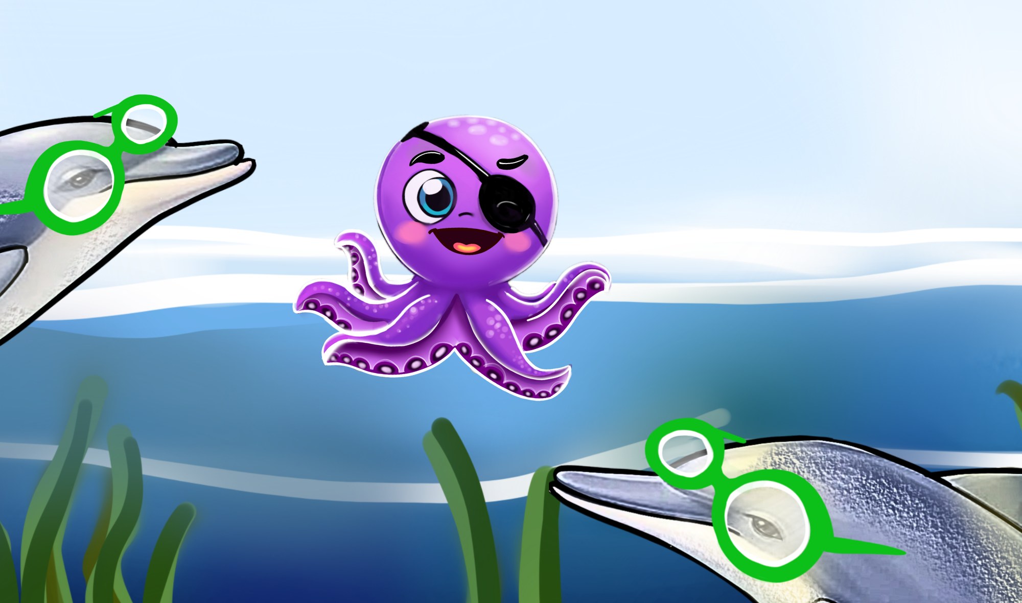 Octopirate swimming with the Bubble Brigade dolphins